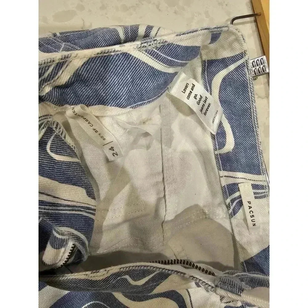 PacSun Women's Wide Leg Pants in White and Blue Swirl Print - Picture 3 of 3